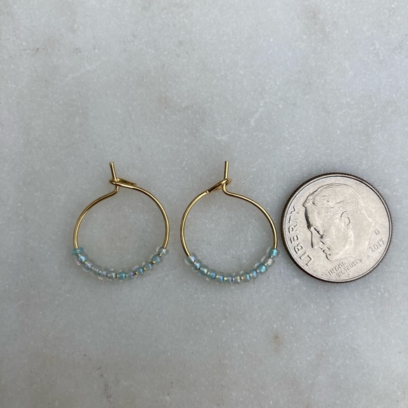 Tiny Gold Hoops With Pale Blue Beads - Picture 2 of 2